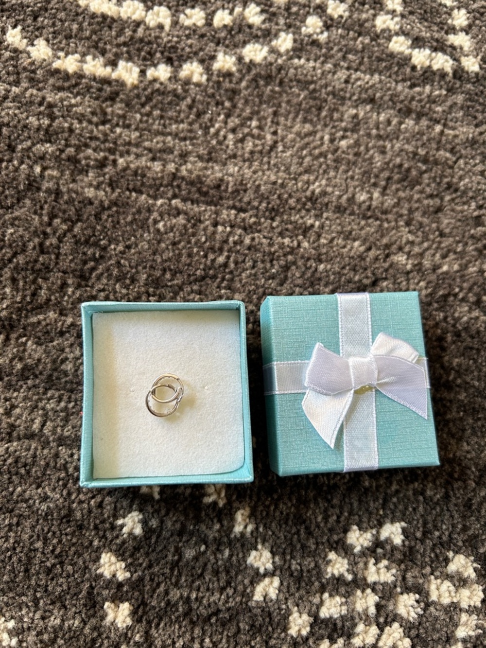 White gold 14 k stamped Double Hoop Stud Earrings - Light Blue Gift Box
